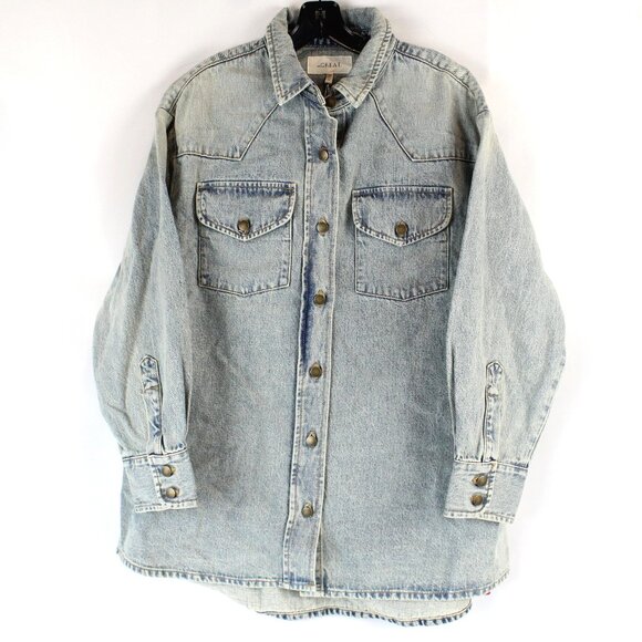 THE GREAT. Cotton Denim Button-Up Shirt In Light Wash - Size US 3 - NWOT - Picture 1 of 6